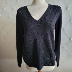 Vintage Jones New York Pullover V-Neck Beaded Black Sweater • Size Medium